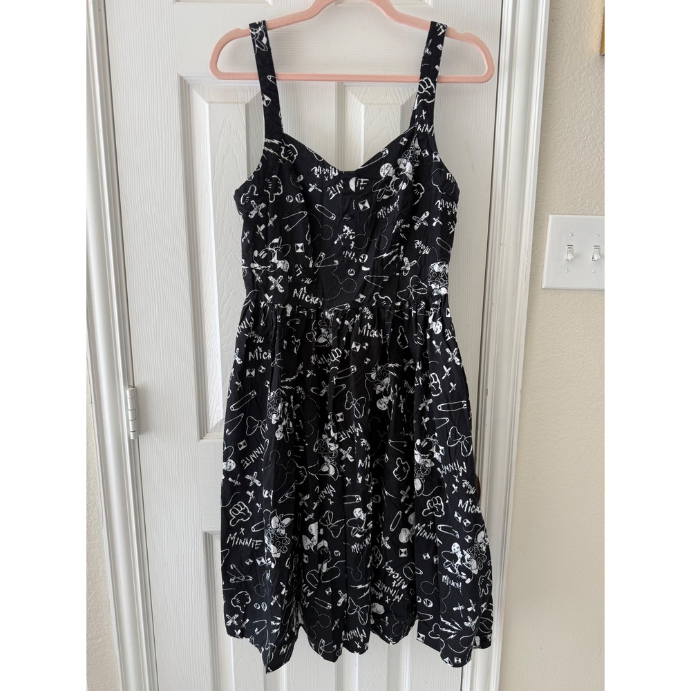 Disney Mickey Minnie Sketch Print Dress Size 12 Cotton Pockets Goth Disneybound